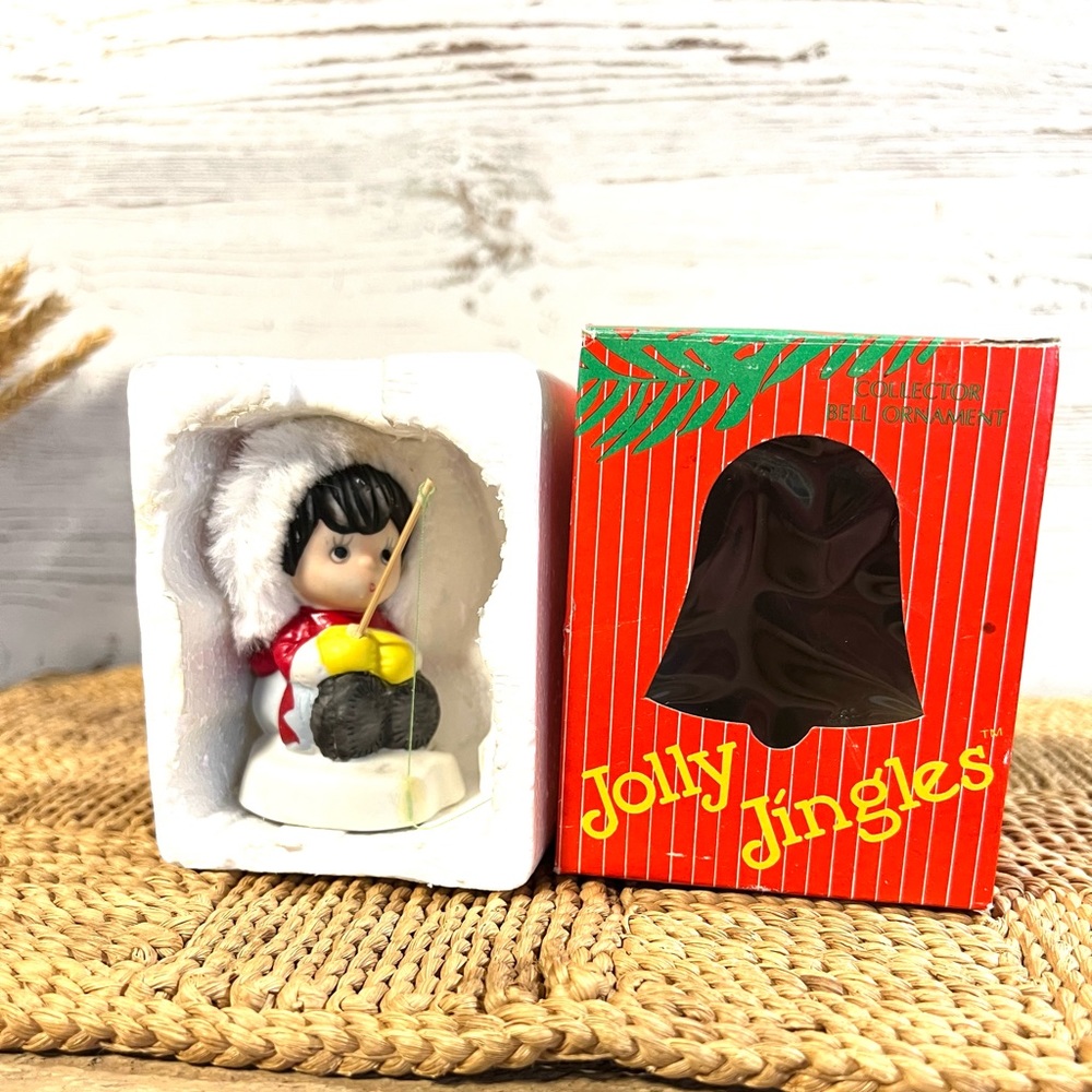 Vintage holly jingles Christmas ornament fisher boy bisque bell